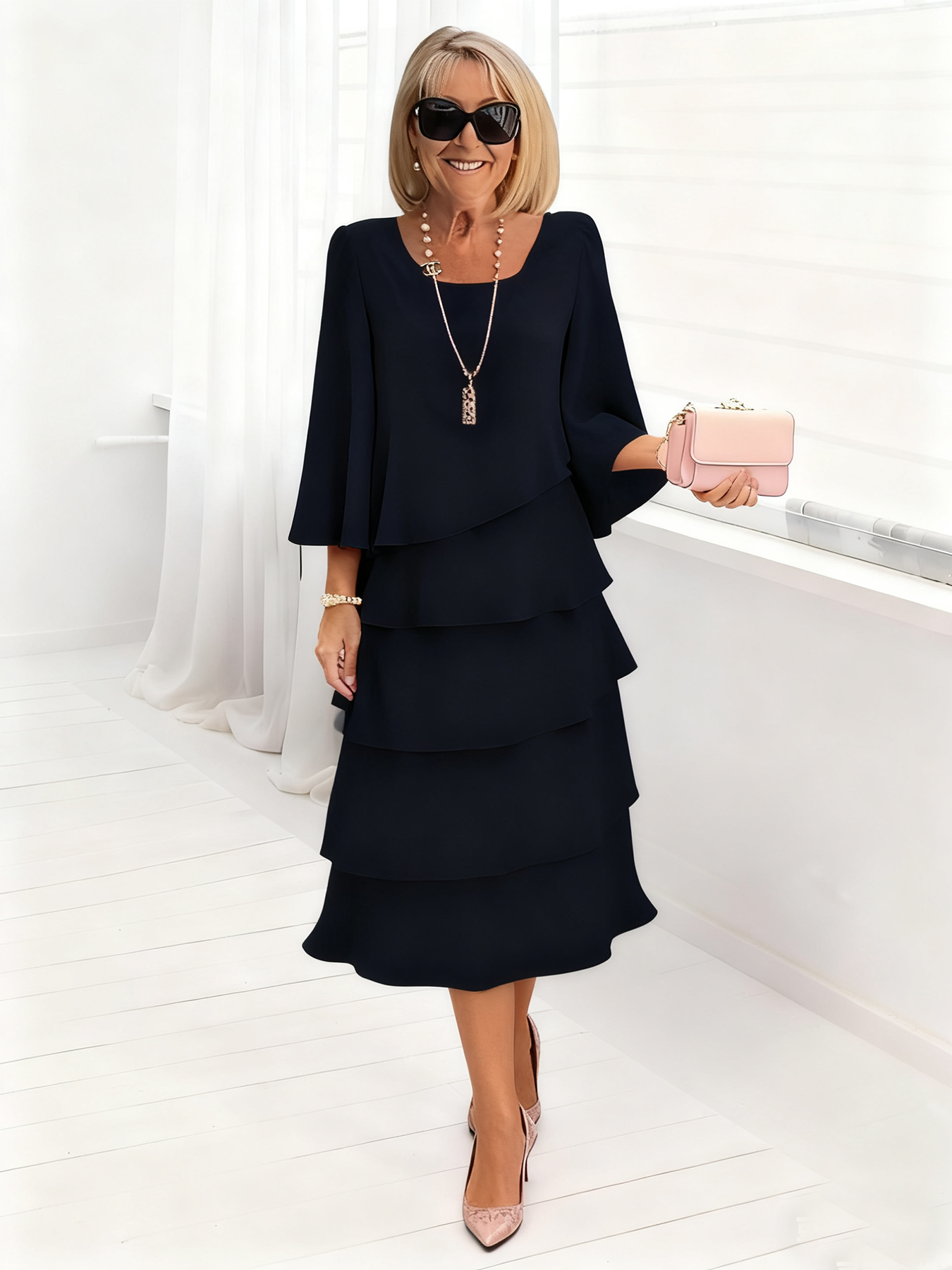 Long Dress Half Sleeve Fashion Cake Skirt Women's Temperament Loose and Thin Round Neck Dress