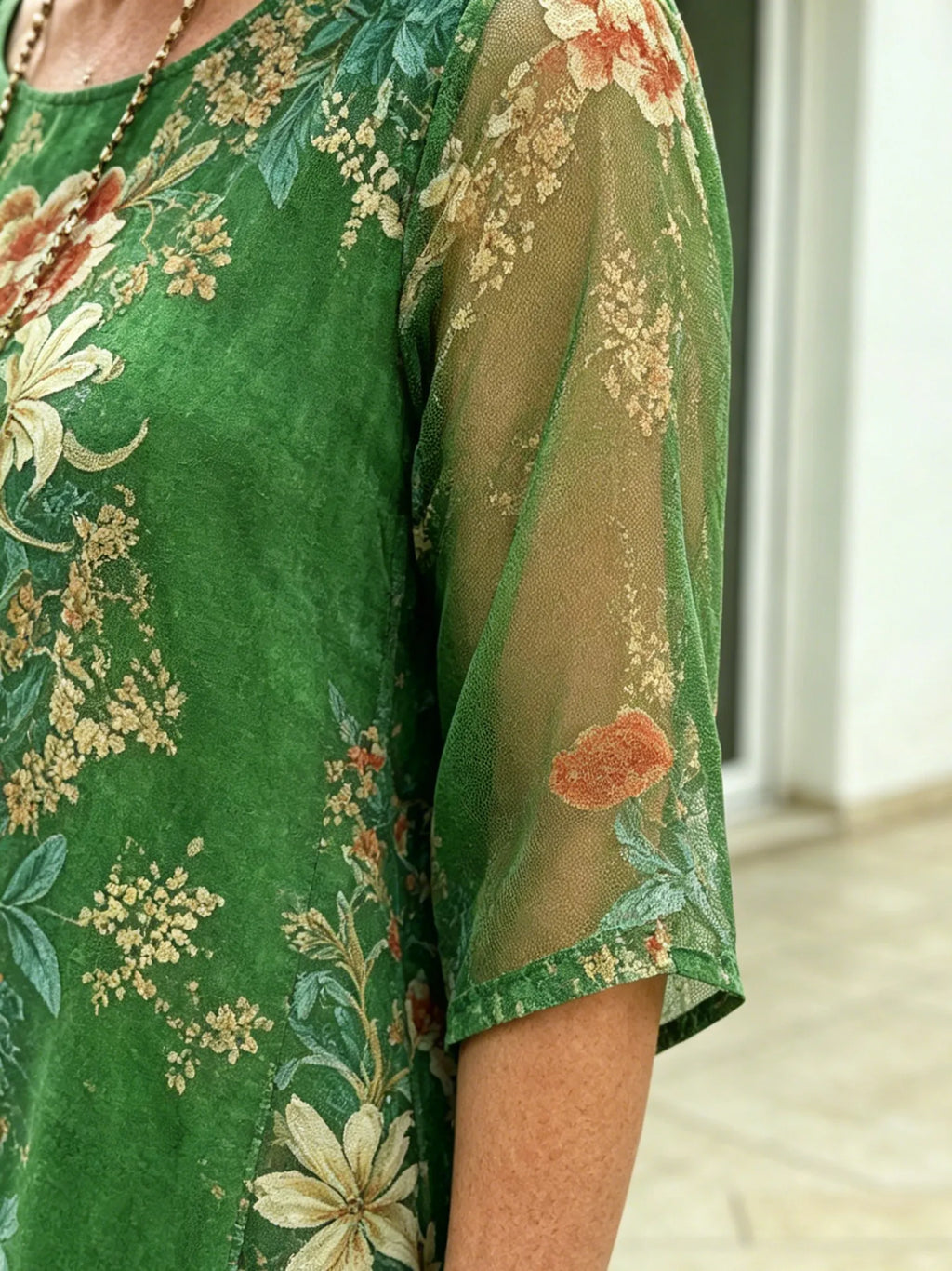 Black Floral Chiffon Midi Dress, Loose Tummy Hiding 3/4 Sleeve Printed Dress for Mature Women