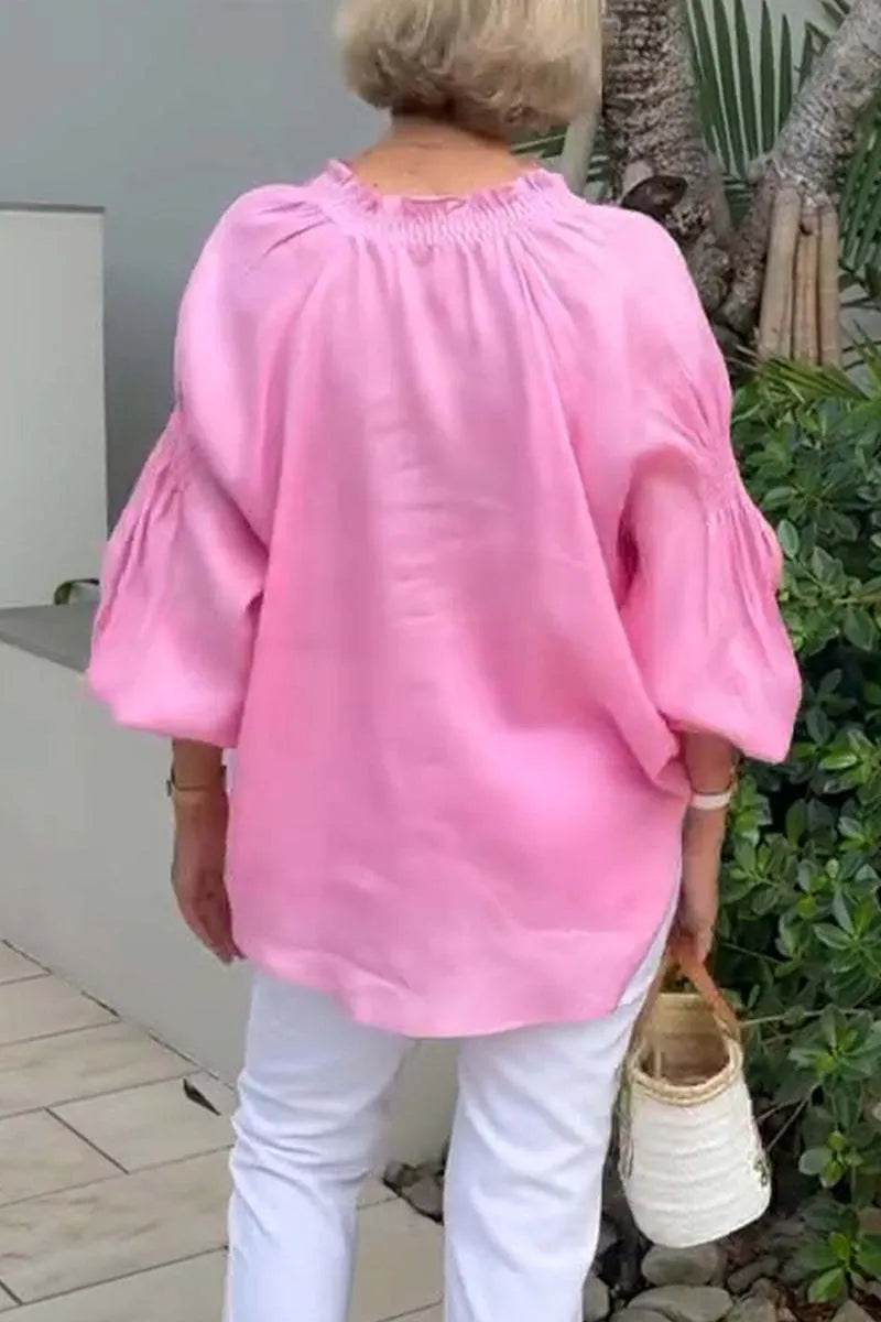 Casual V-neck Solid Color Cotton and Linen Long-sleeved Top