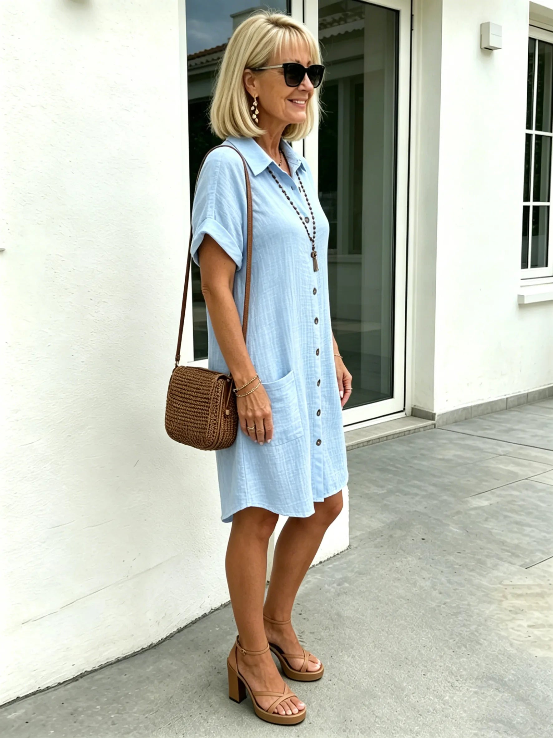 Solid Color Shirt Dress Simple, Made of Breathable, Featuring a Lapel Collar and Orderly Button Arrangement That Adds a Vintage Charm