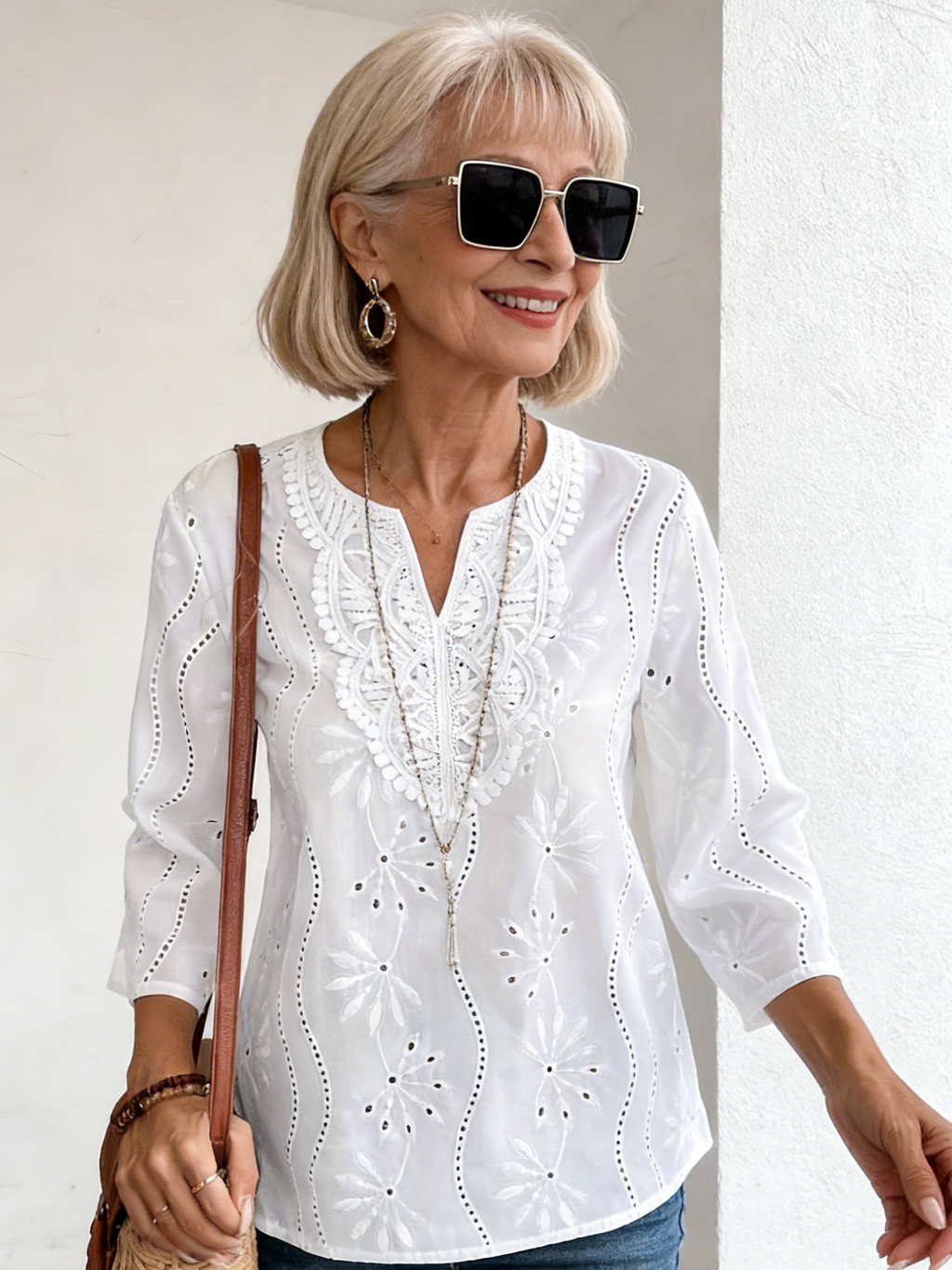 Loose V-neck Temperament Commuter Embroidered Flared Sleeve Lace Top Chiffon Shirt