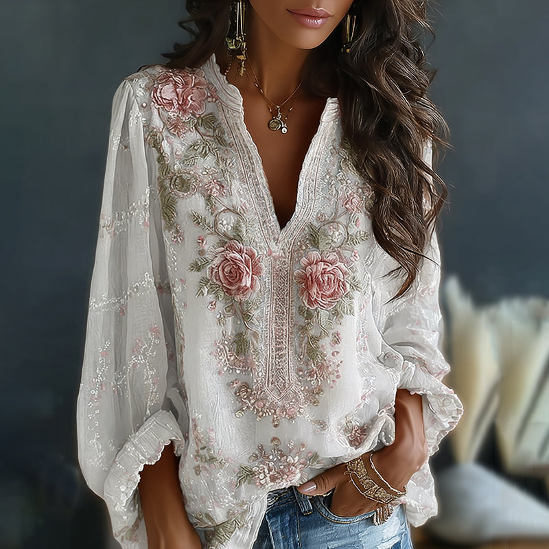 Women's Vintage Spring Floral Embroidered Art Print Flowy Linen Blend Casual Tops