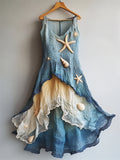 Starfish & Sea Shells Embroidered Sea Waves Layered Flowy Linen Dress