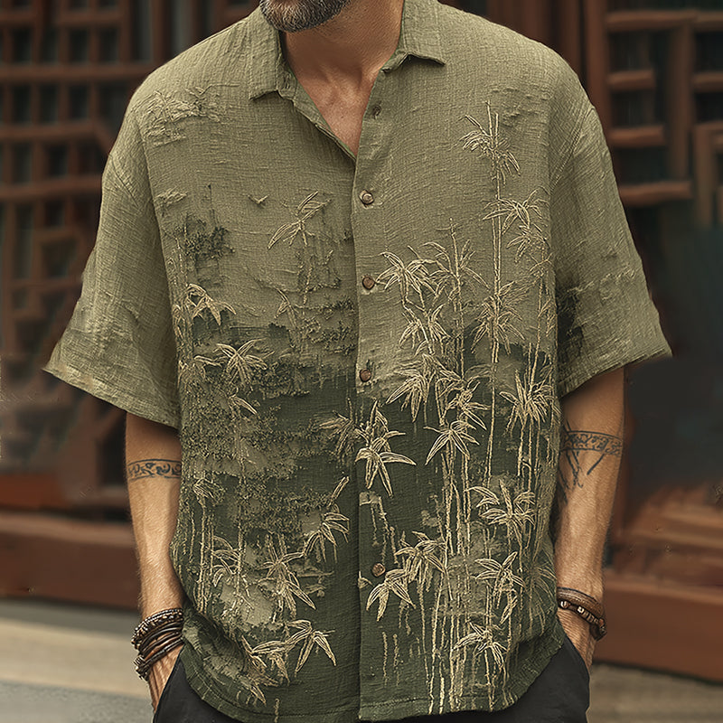Men's Vintage Bamboo Embroidery Short Sleeve Linen Blend Shirt