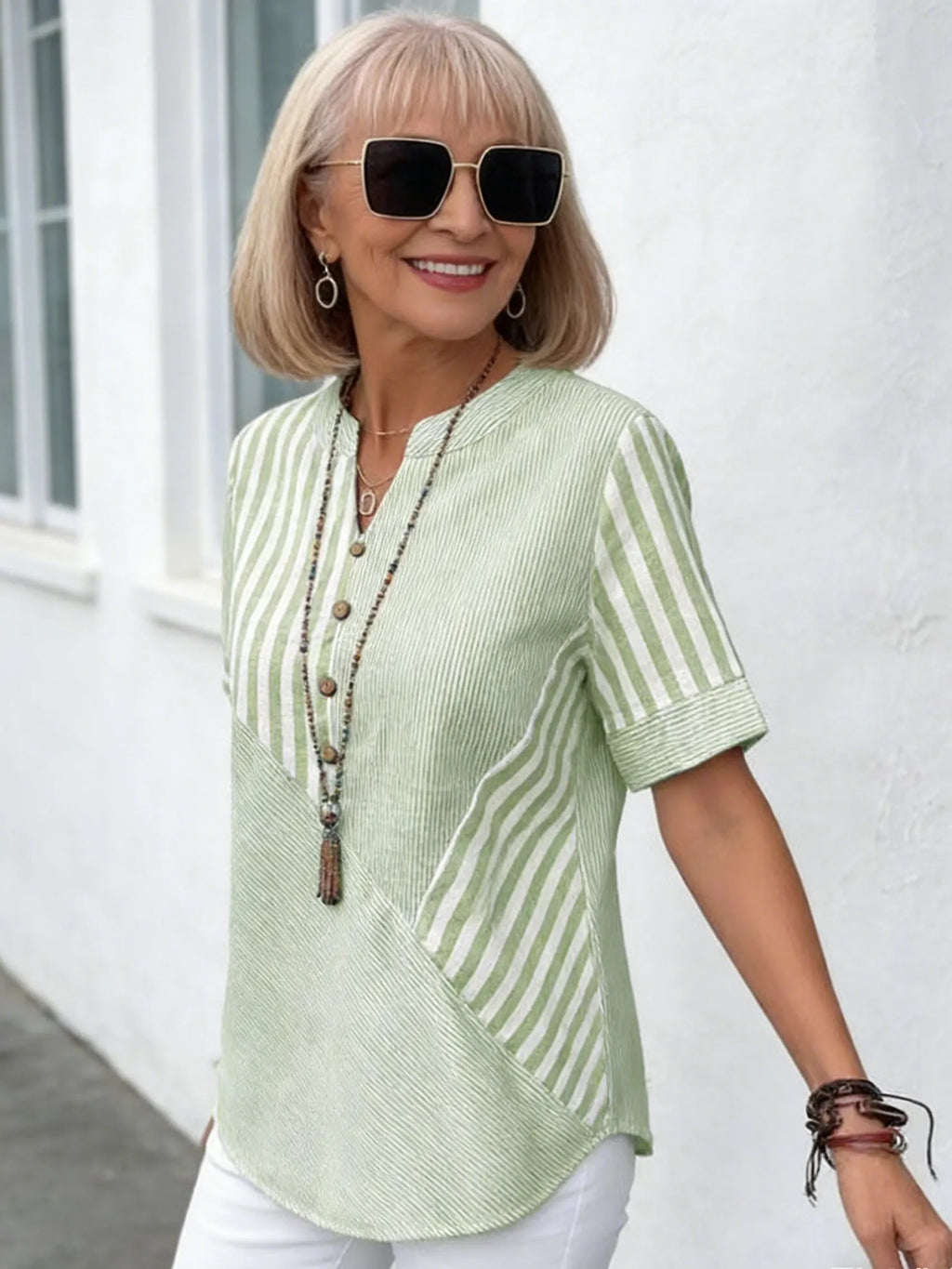 Women Blouse Casual Striped Short Sleeve Notched Regular Loose Shirt