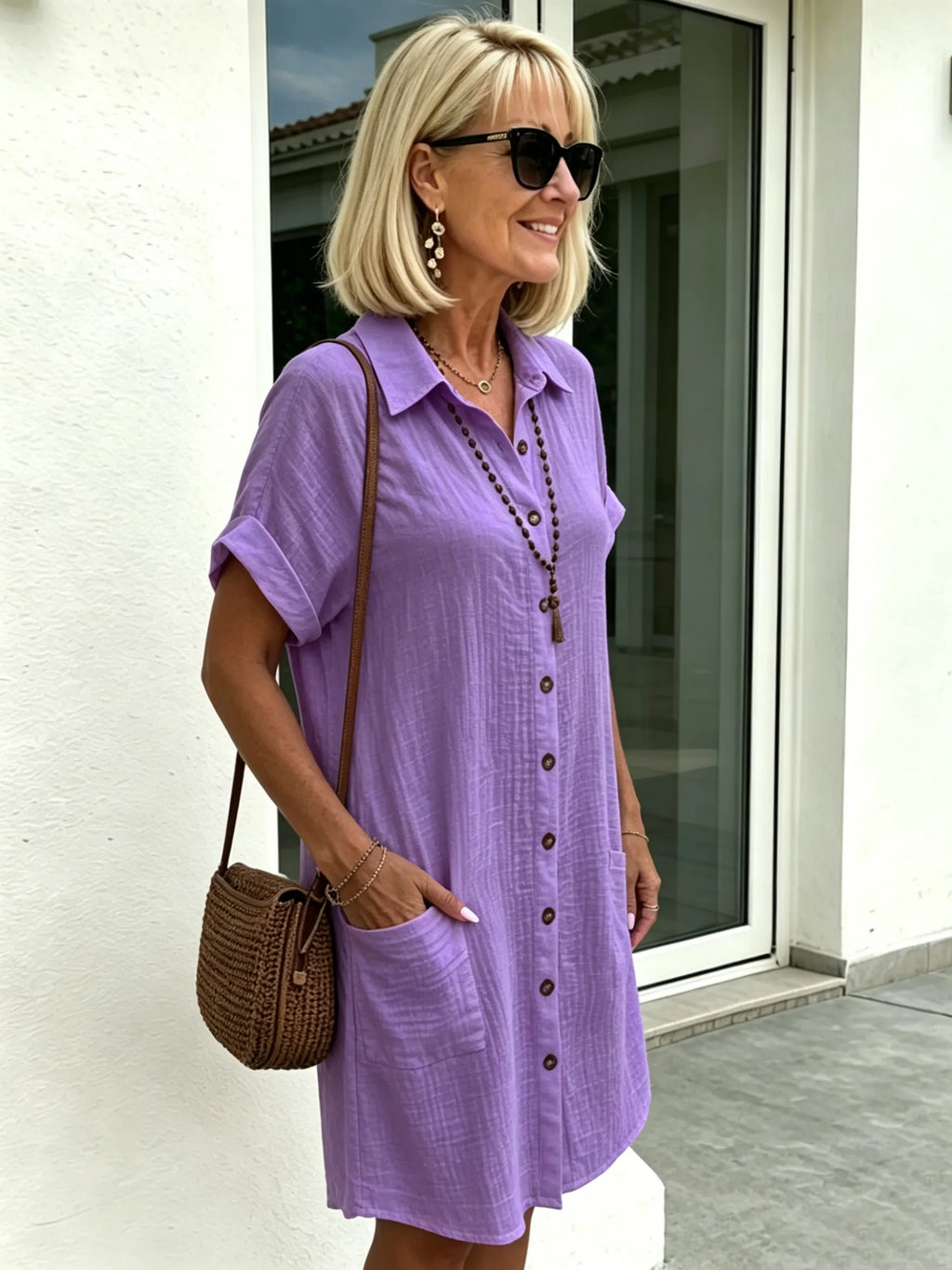 Solid Color Shirt Dress Simple, Made of Breathable, Featuring a Lapel Collar and Orderly Button Arrangement That Adds a Vintage Charm