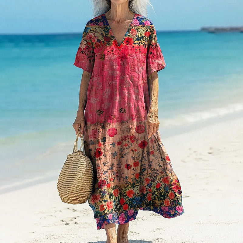 Women's Beach Vacation Vintage Floral Print V-neck Casual Flowy Midi Dress