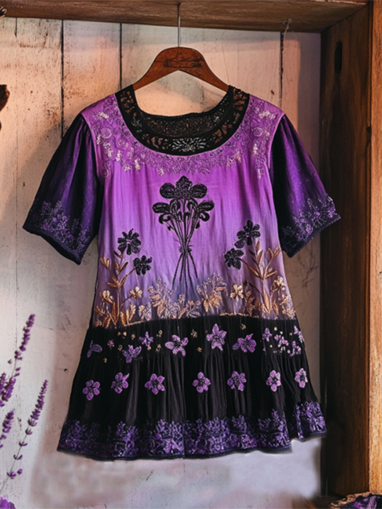 Bohemian Lavender Embroidery Patchwork Art Linen Short Sleeve T-shirt