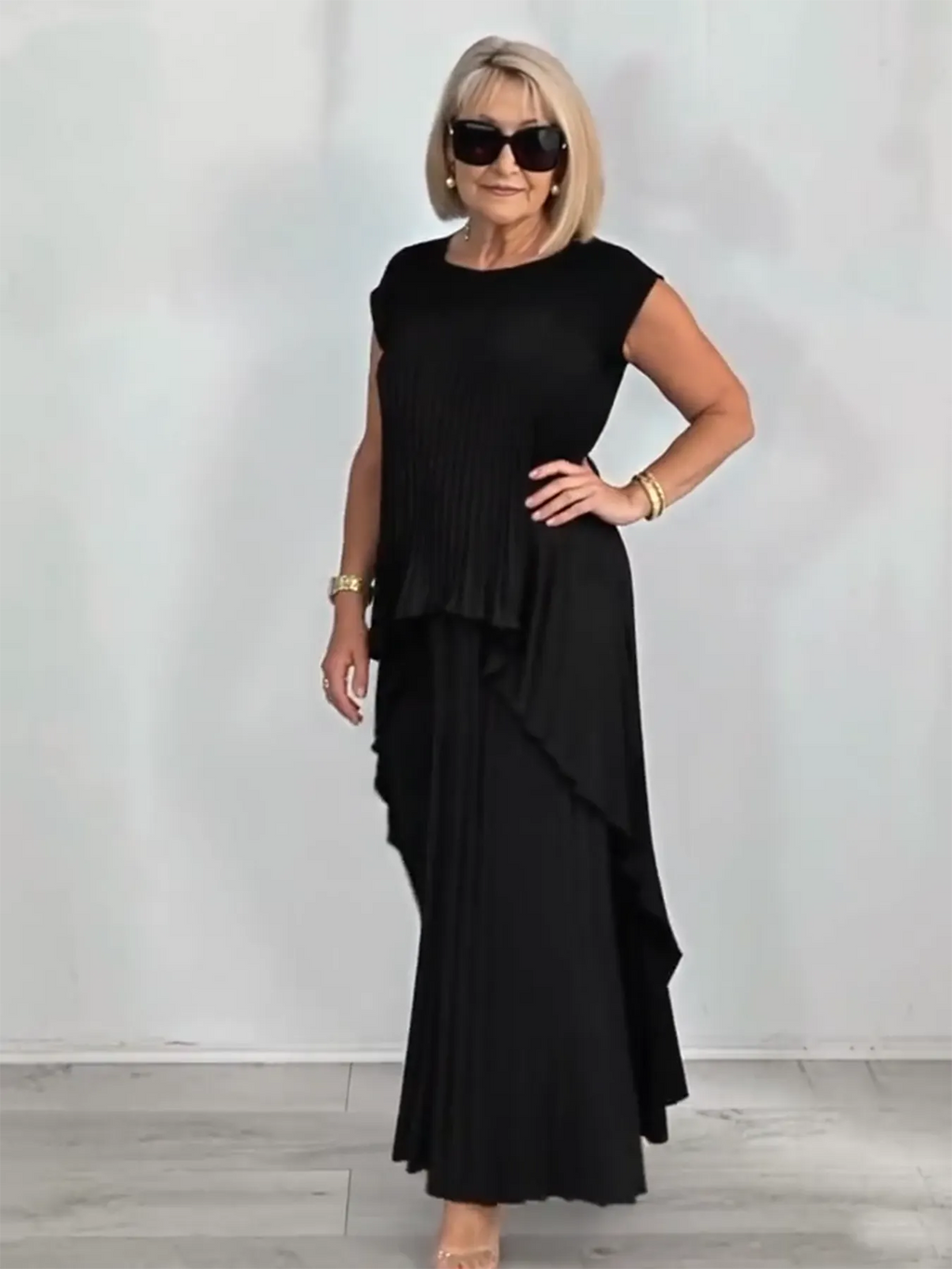 2Pcs Crew Neck Solid Color Sleeve Top Pleated Straight Pants Set Two-piece Set