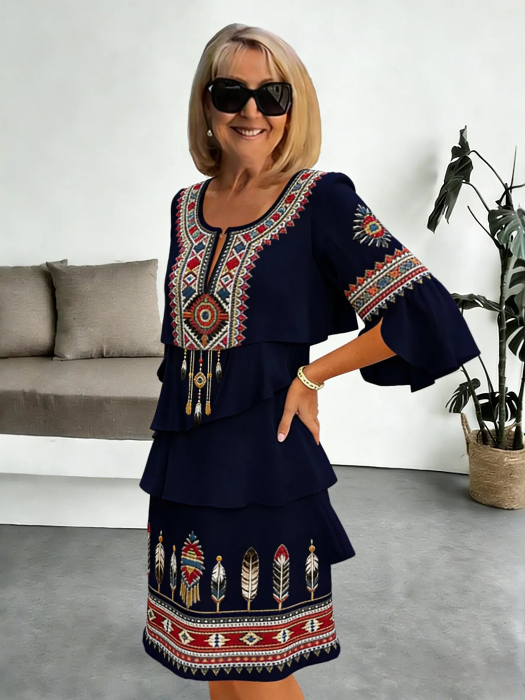 Chiffon Vacation Prints Color Round Neck Cake Skirt Splicing Dress Mid-length