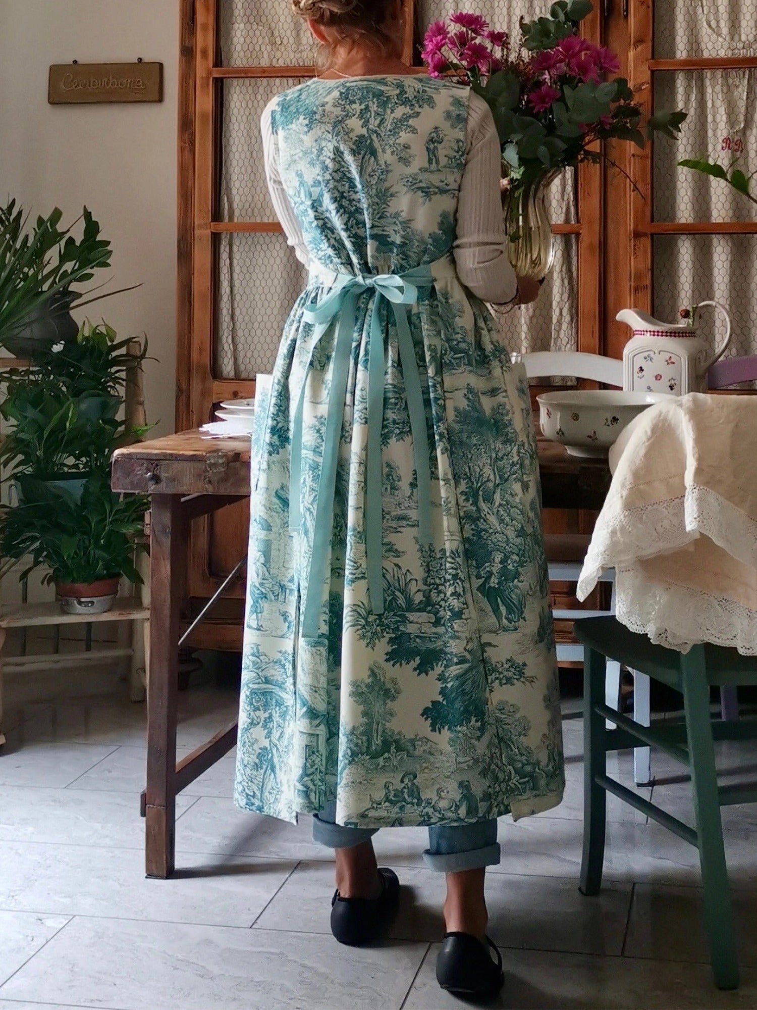 Vintage Teal Blue Toile de Jouy Long Apron