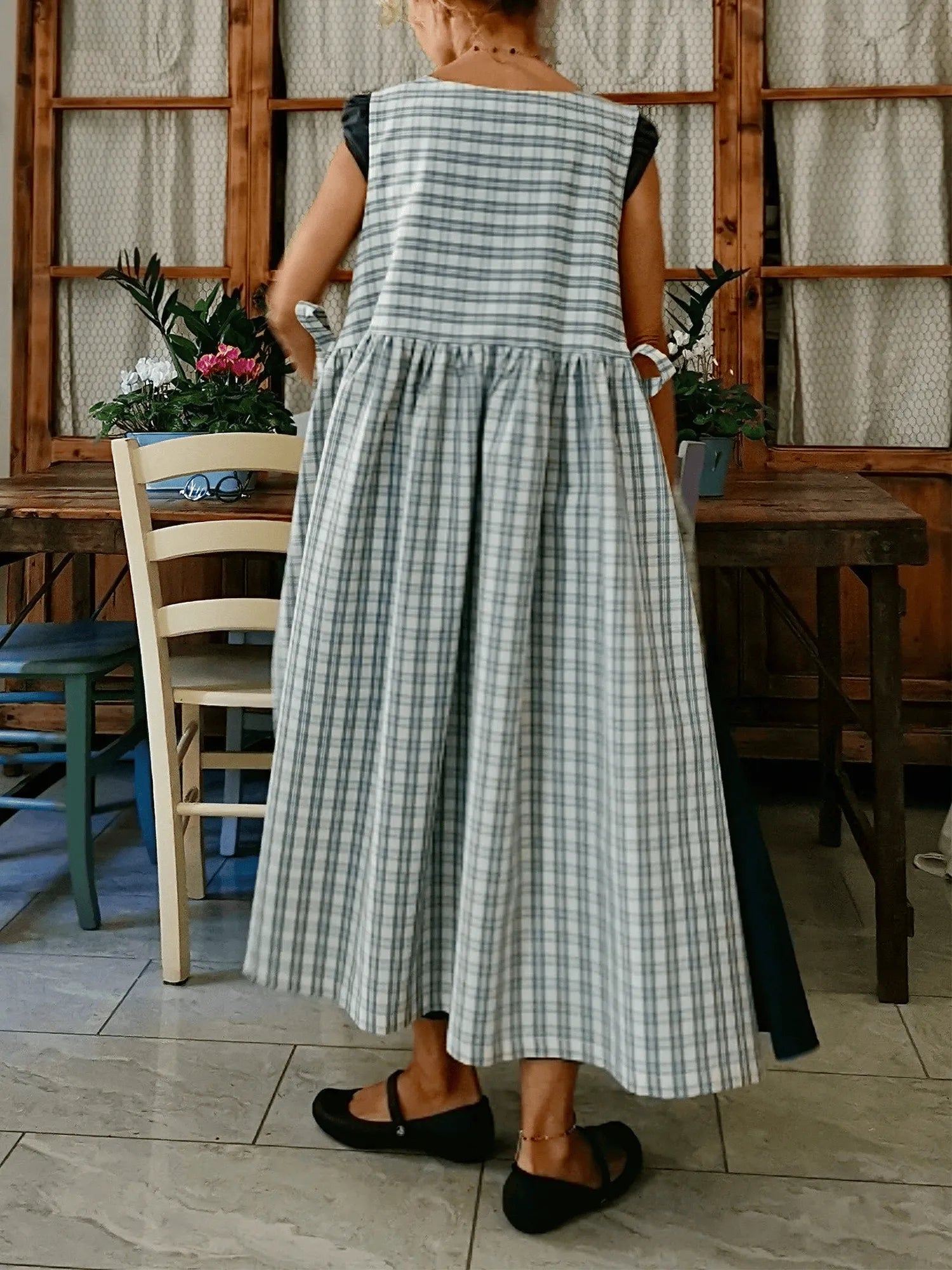 Light Blue and Cream Tartan Cotton Apron