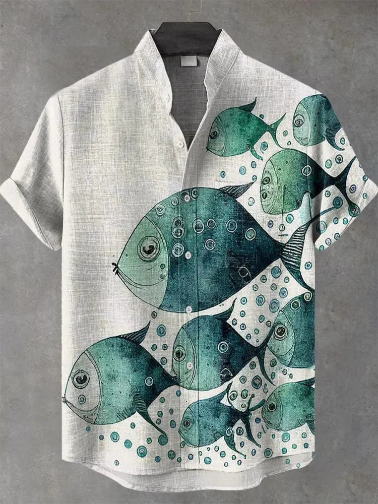 Vintage Fish Art Print Casual Cotton Linen Shirt