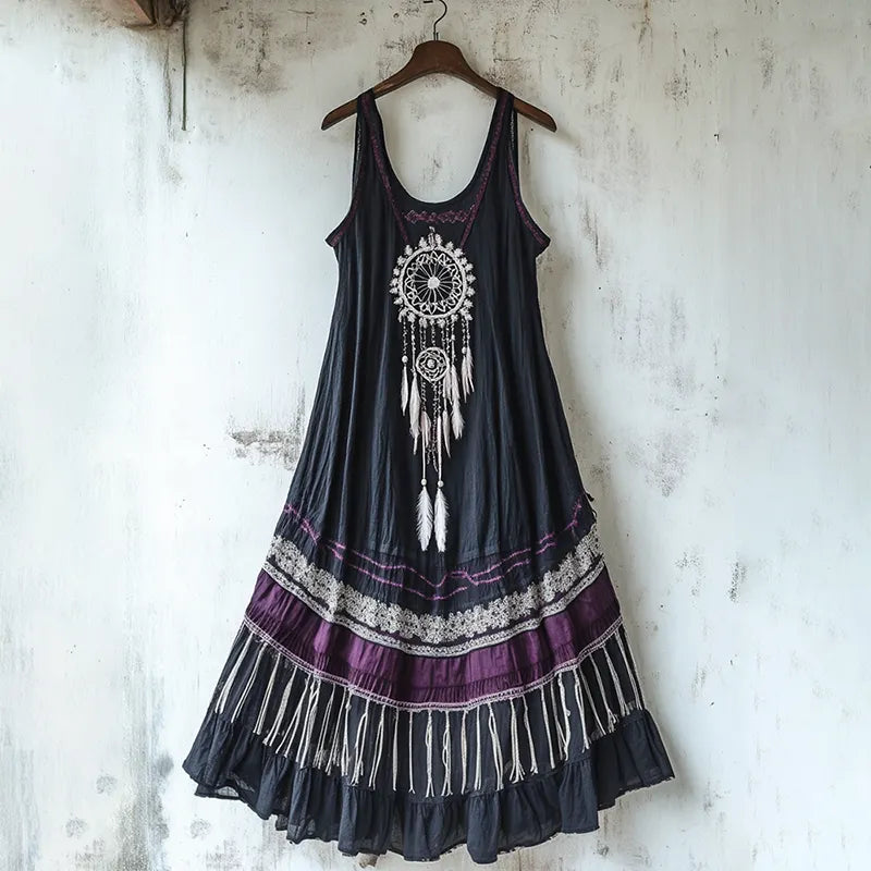 Bohemian Lace Floral Embroidery Art Linen Tank Dress