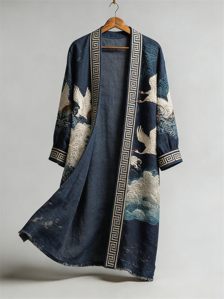 Cranes & Sea Waves Japanese Art Flowy Linen Long Kimono