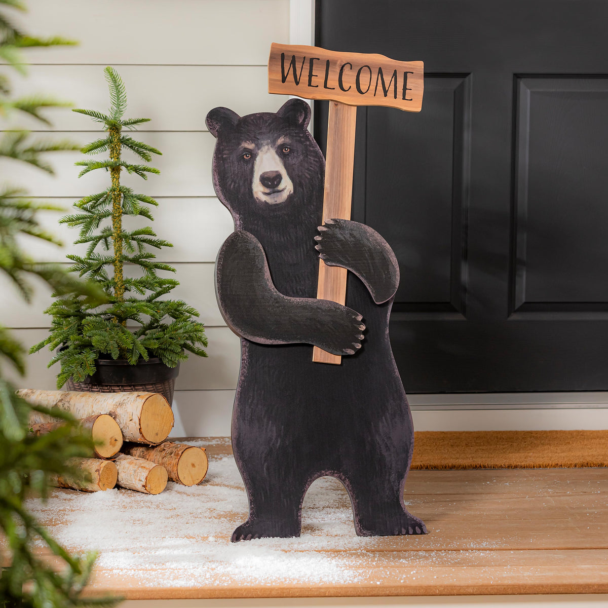 Welcoming Bear Wooden Porch Leaner