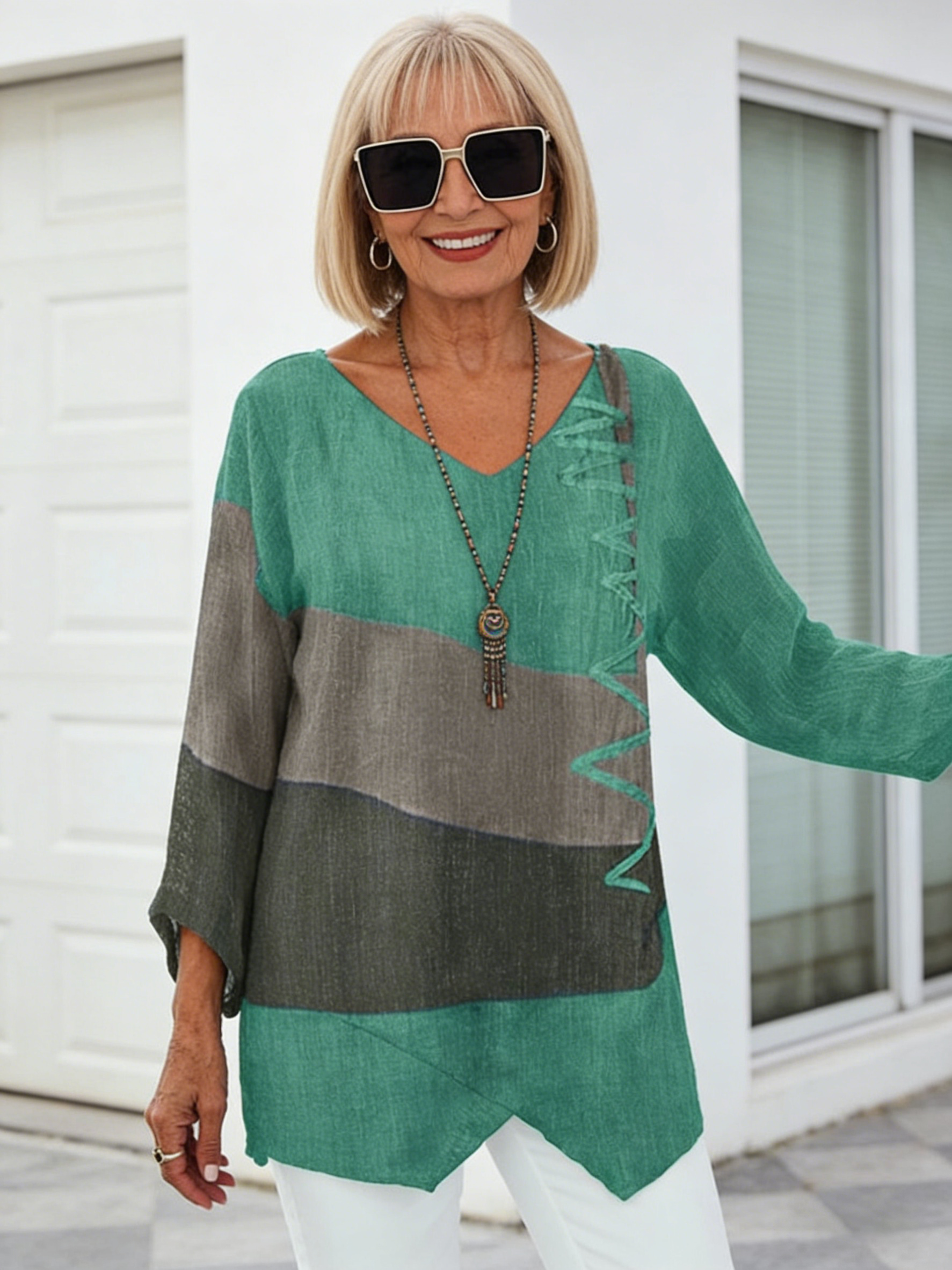 Casual Loose V-neck Irregular Hem Art Print Long Sleeve Tops