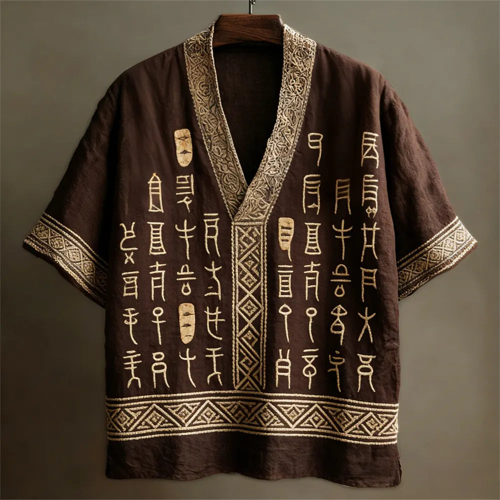 Vintage Geometric Text Art Linen V-neck Shirt