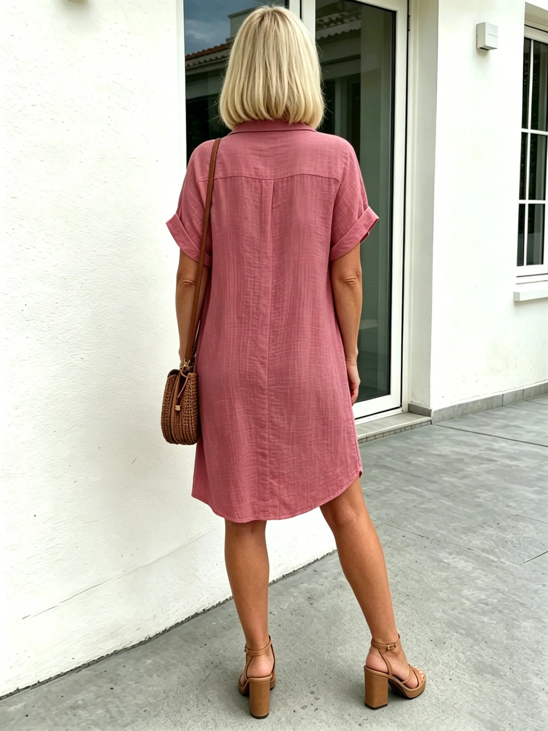 Solid Color Shirt Dress Simple, Made of Breathable, Featuring a Lapel Collar and Orderly Button Arrangement That Adds a Vintage Charm