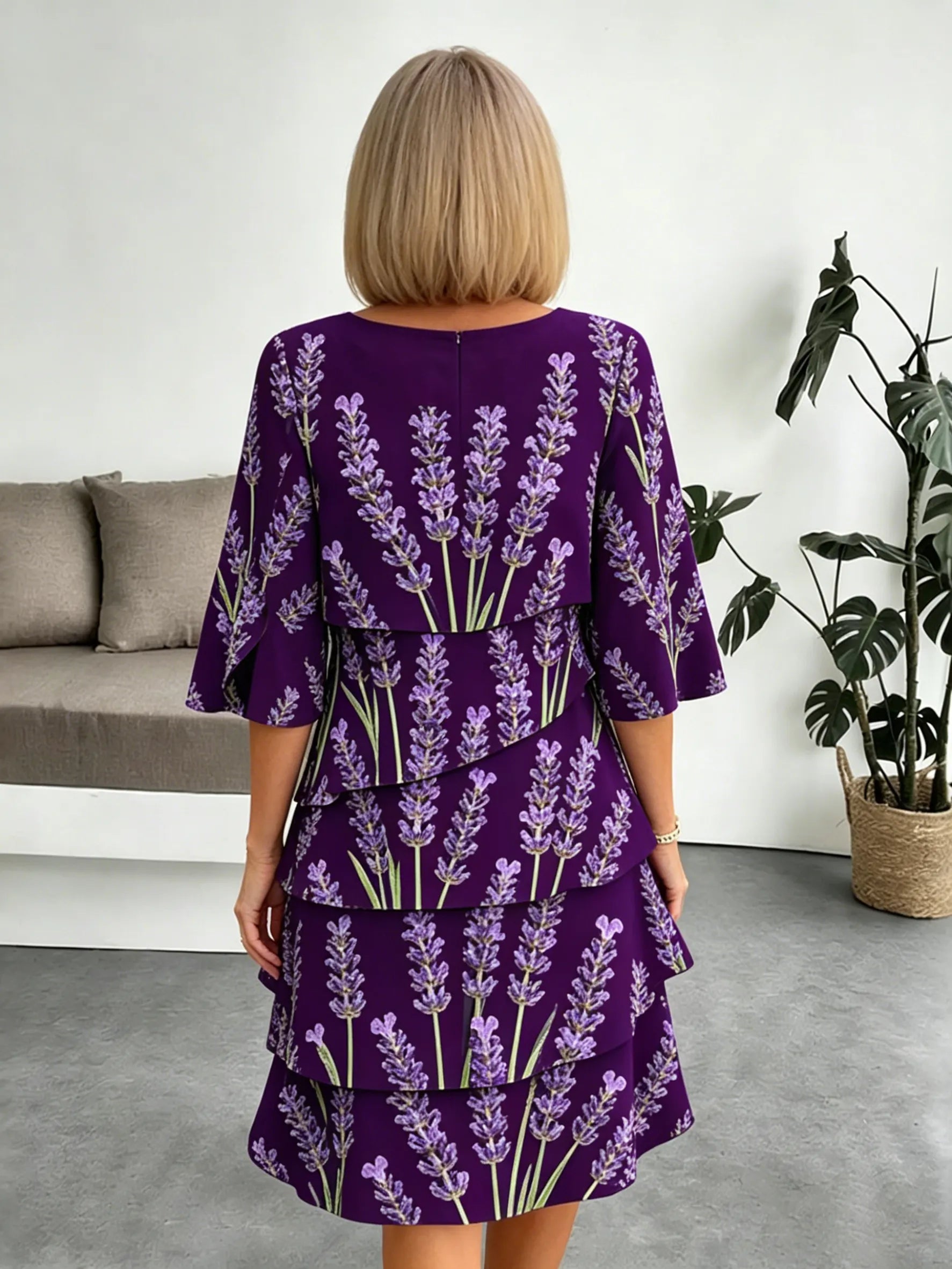 Lavender Chiffon Vacation Prints Color Round Neck Cake Skirt Splicing Dress Mid-length