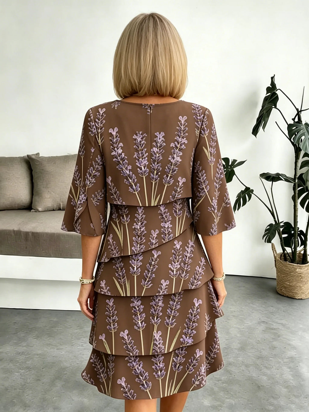 Lavender Chiffon Vacation Prints Color Round Neck Cake Skirt Splicing Dress Mid-length