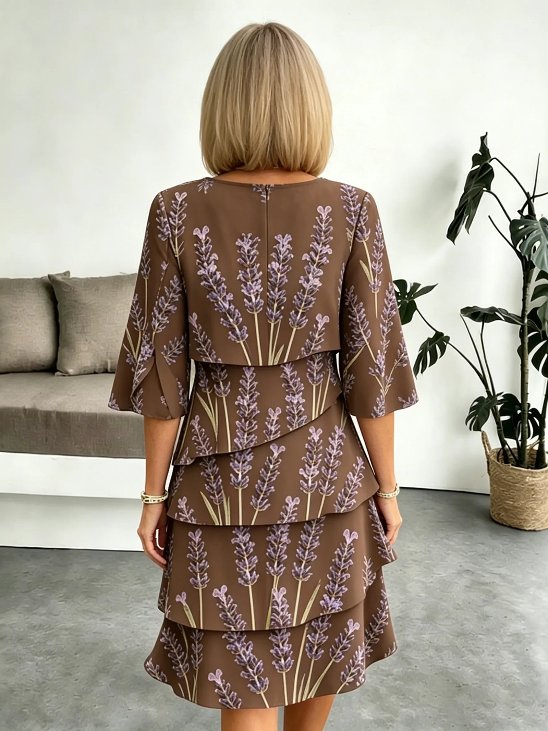 Lavender Chiffon Vacation Prints Color Round Neck Cake Skirt Splicing Dress Mid-length