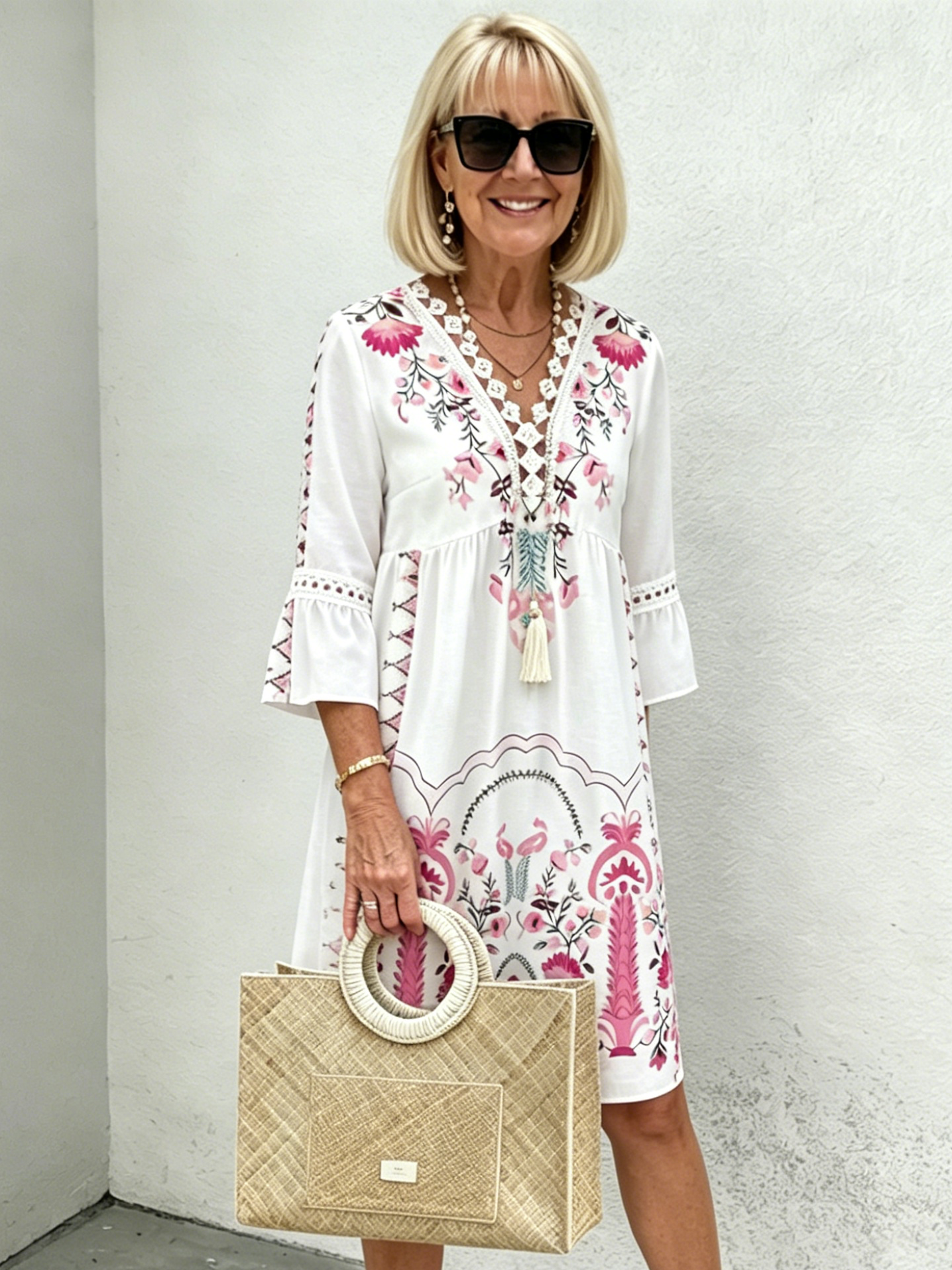 V-neck Printed Lace Stitching Bohemian Casual Vacation Style Dress