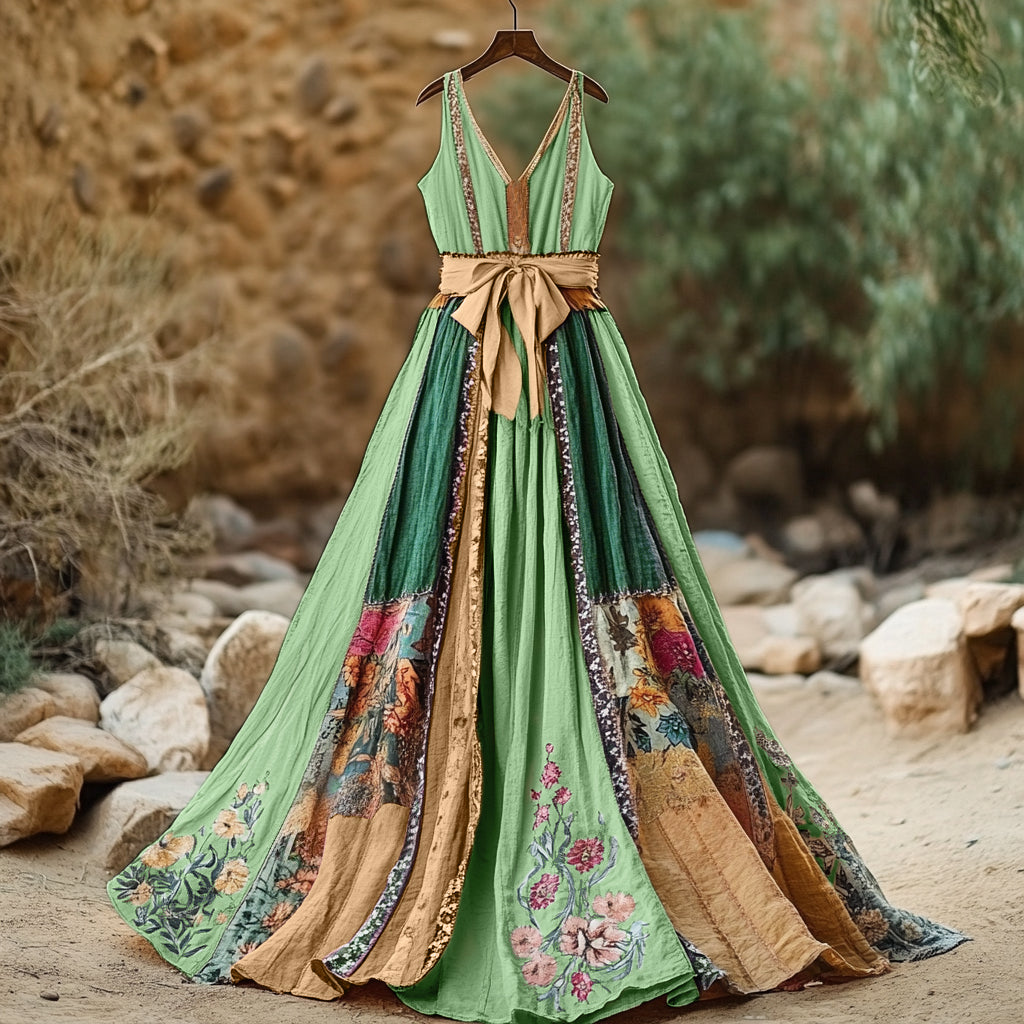 Women's Vintage Floral Art Linen Dress