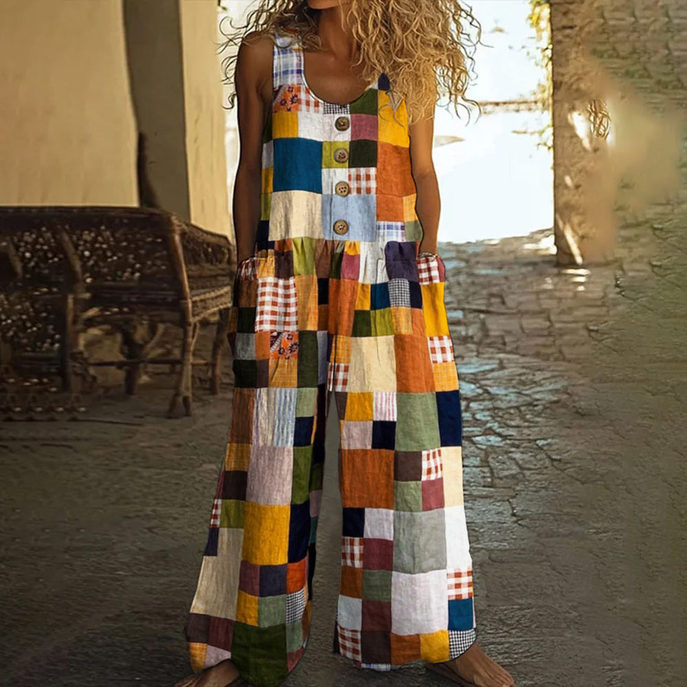 Vintage Square Patchwork Boho Art Women's Linen Wide Leg Jumpsuit