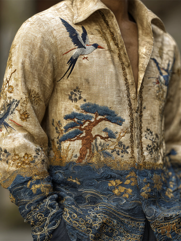 Japanese Bird And Flower Embroidery Art Men's Linen Long Sleeve Shirt