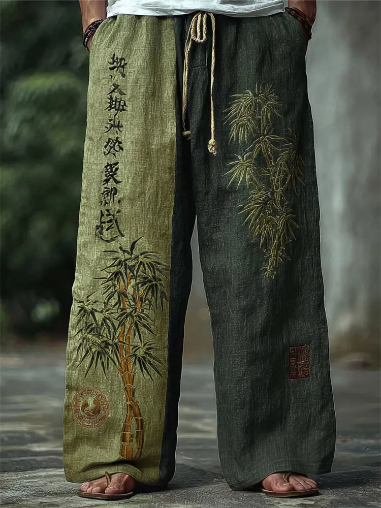 Men's Japanese Bamboo Calligraphy Art Contrast Linen Pants