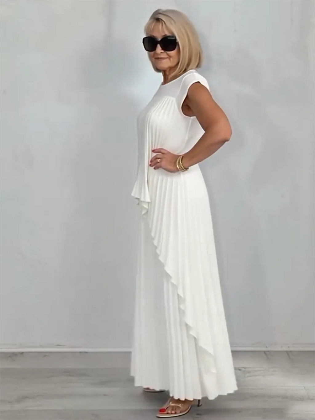 2Pcs Crew Neck Solid Color Sleeve Top Pleated Straight Pants Set Two-piece Set