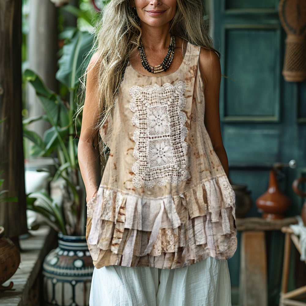Vintage Lace Floral Art Women's Linen Tank Top