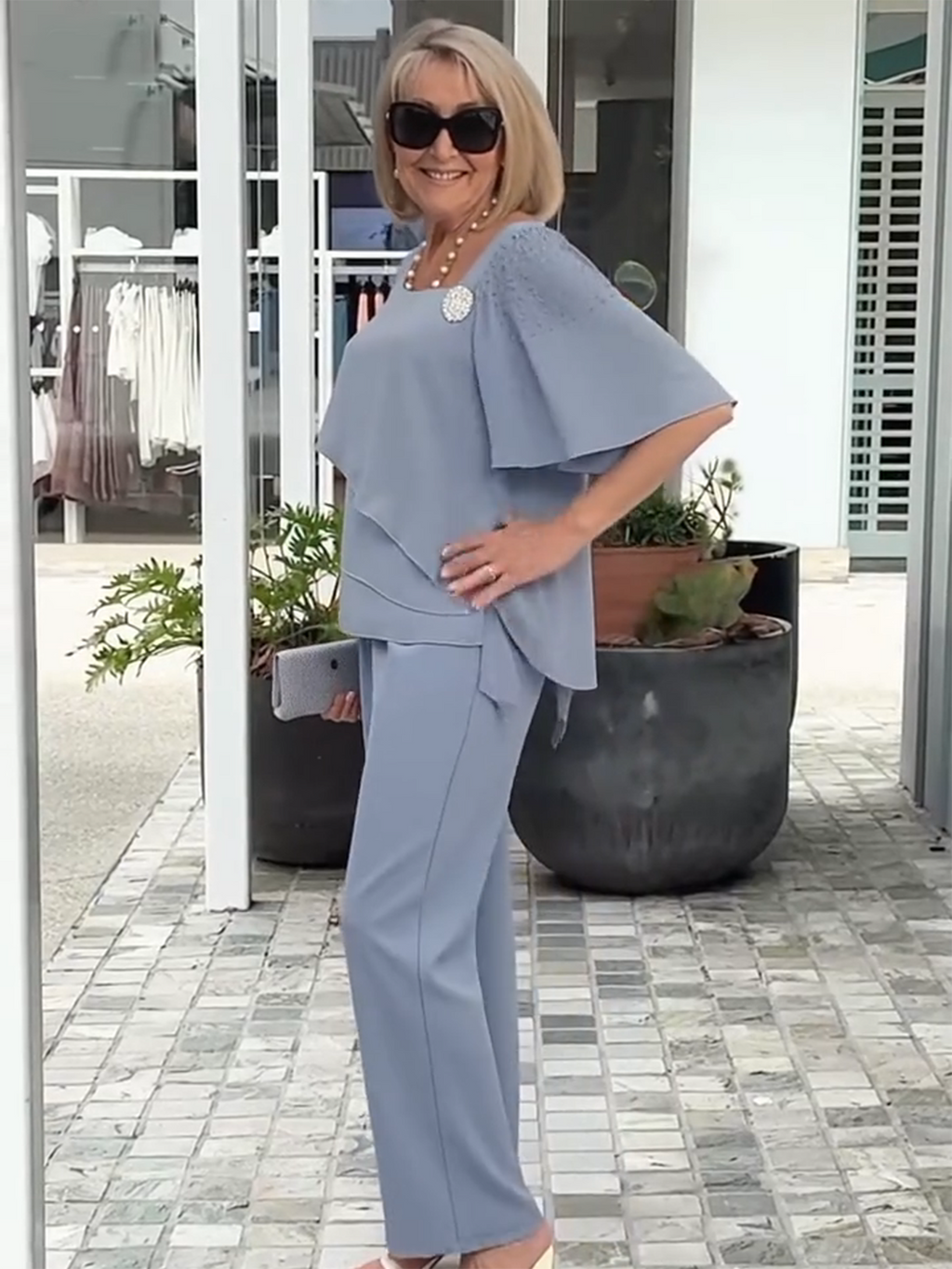 2Pcs Half-sleeve Beaded Top and Trouser Set