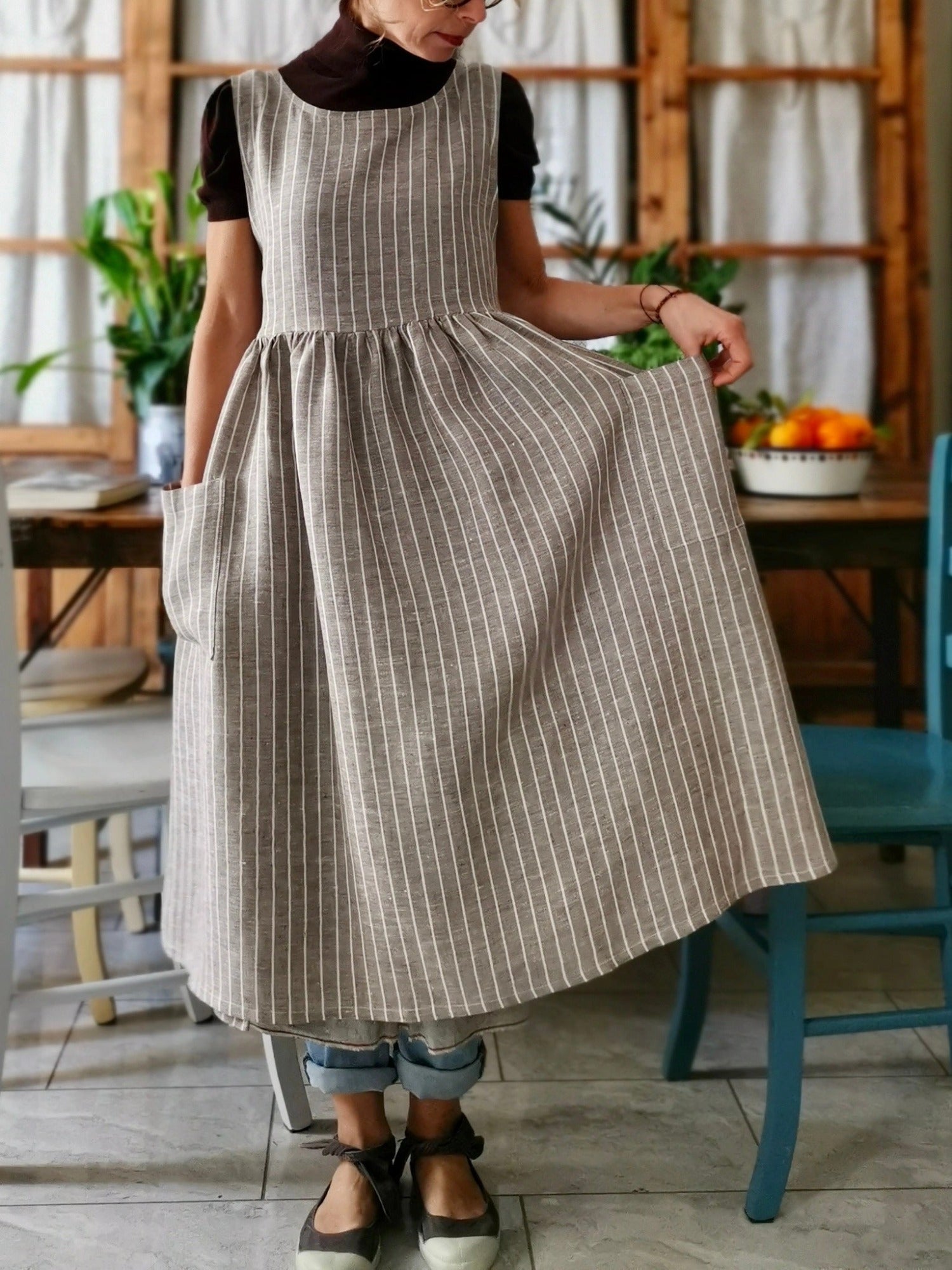 Brown Striped Cotton Women's Apron