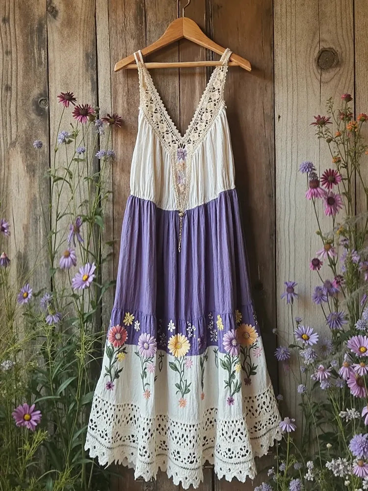 Vintage  Flowers Design Casual V Dress