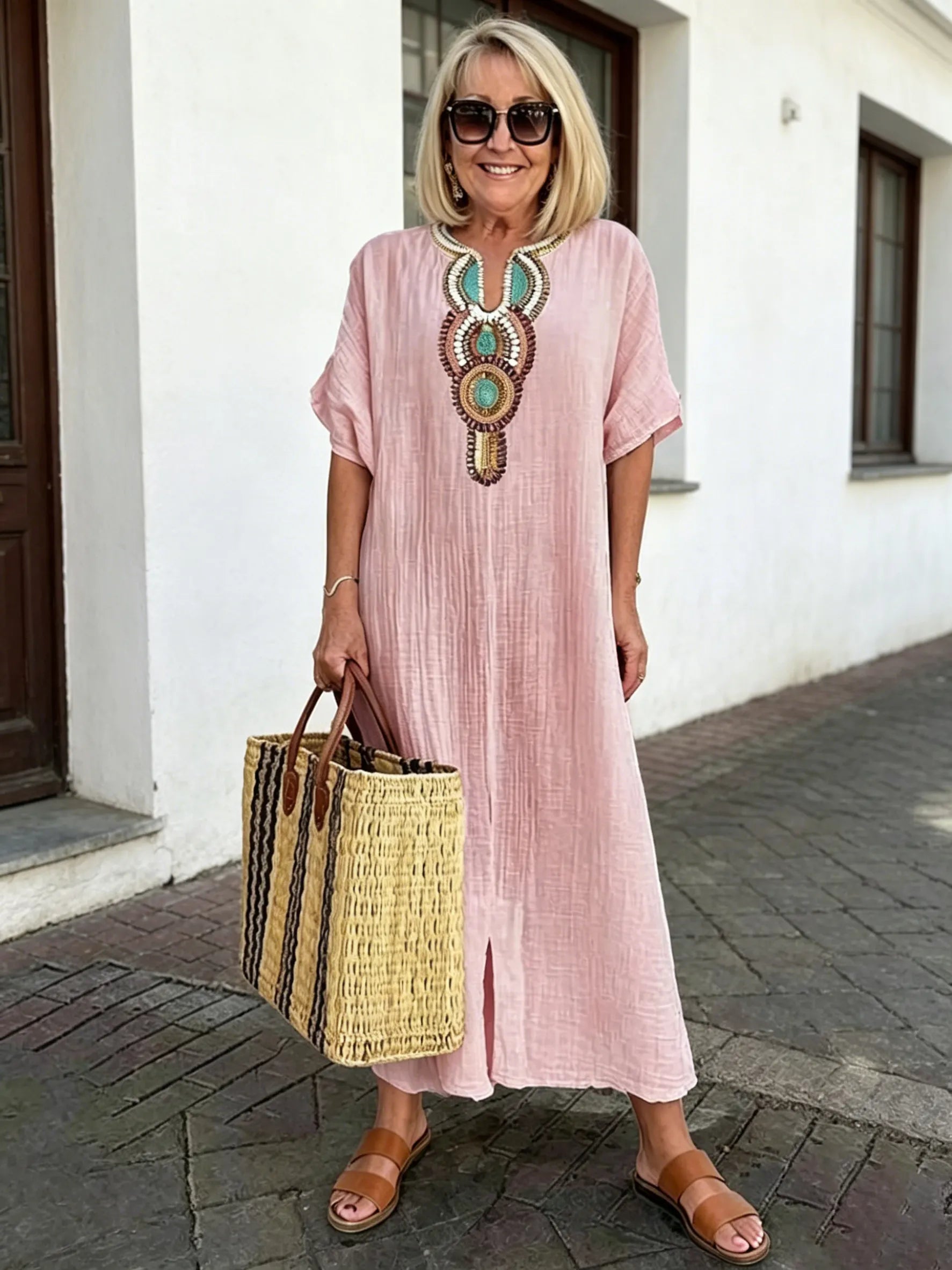 Cotton and Linen Embroidered Split Dress
