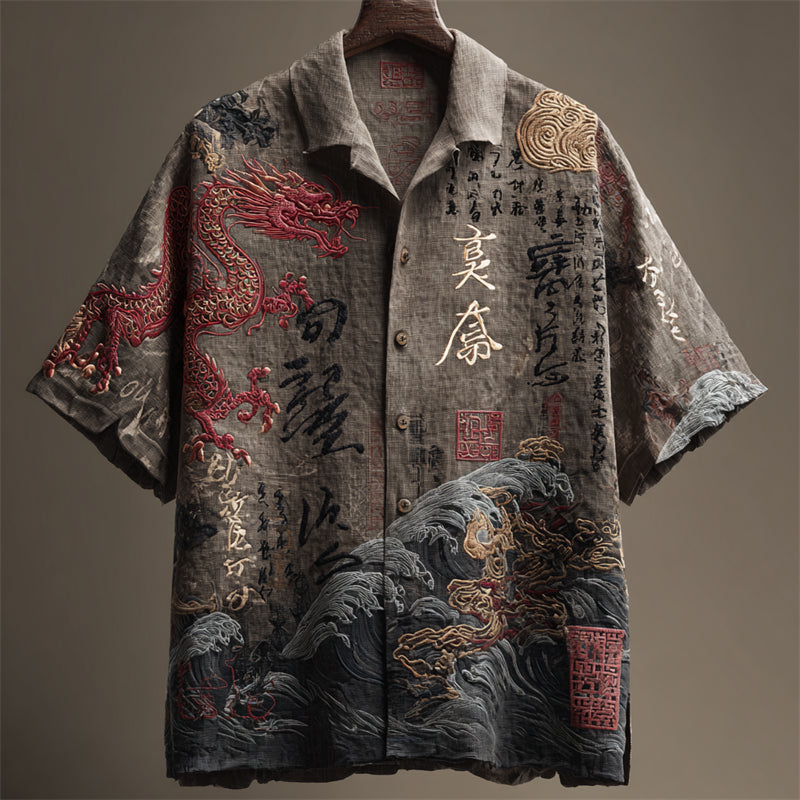 Men's Japanese Dragon Sea Waves Calligraphy Linen Shirt
