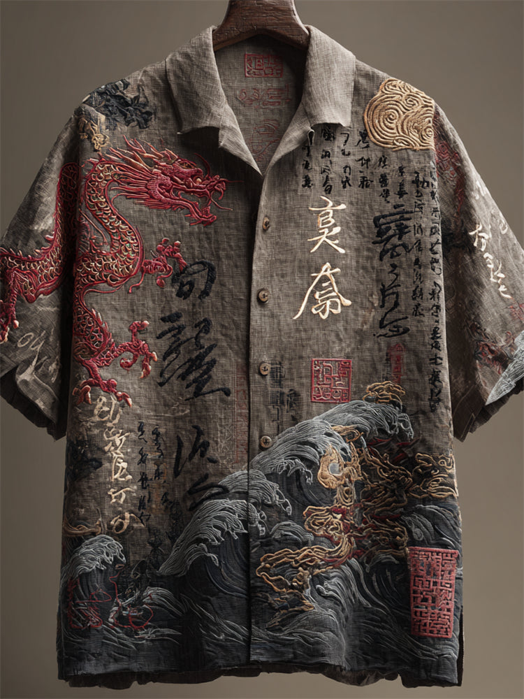 Men's Japanese Dragon Sea Waves Calligraphy Linen Shirt