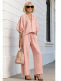 2Pcs Women's Casual Loose Solid Color Zipper Round Neck Wide-leg Pants Suit Women