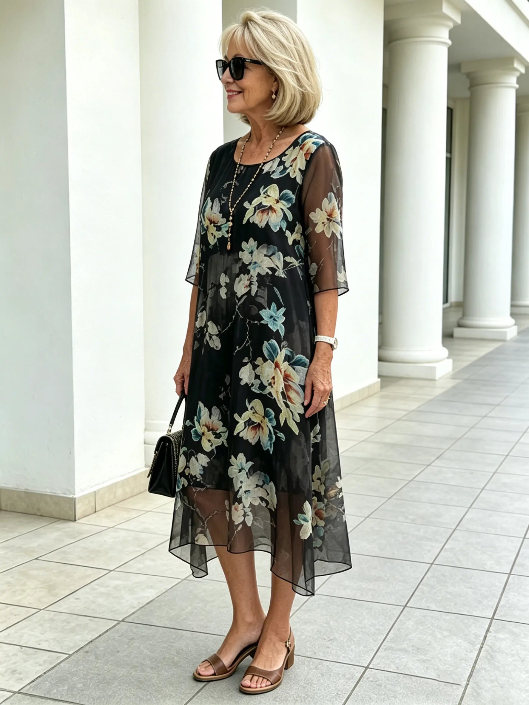 Black Floral Chiffon Midi Dress, Loose Tummy Hiding 3/4 Sleeve Printed Dress for Mature Women