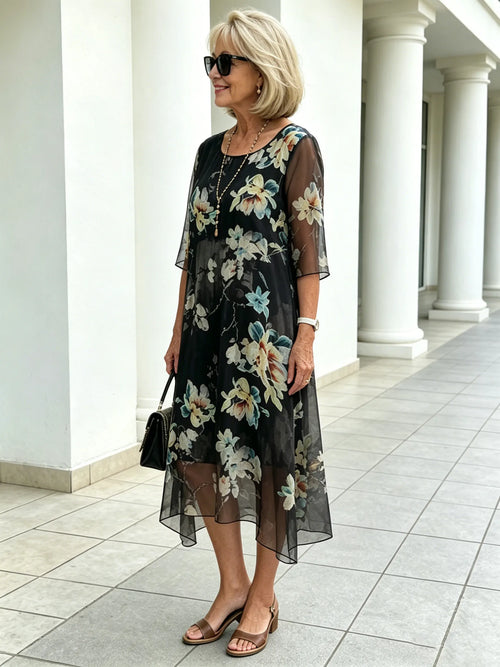 Black Floral Chiffon Midi Dress, Loose Tummy Hiding 3/4 Sleeve Printed Dress for Mature Women