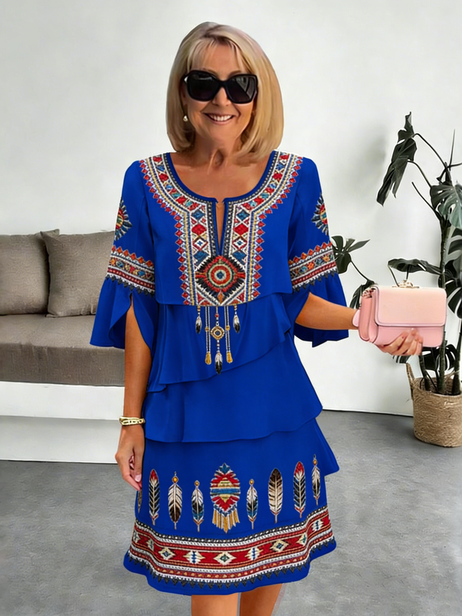 Chiffon Vacation Prints Color Round Neck Cake Skirt Splicing Dress Mid-length