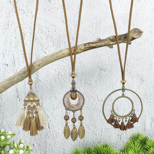 3pcs Boho Ethnic Long Sundry Colors Tassel Pendant Necklaces For Women Retro Rhinestone Drip Oil Alloy Necklace