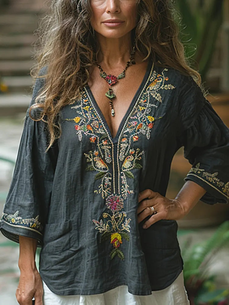 Women's Vintage Linen Bohemian Print Shirt