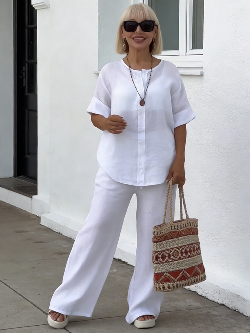 2Pcs Women's Comfortable Loose Top Wide Leg Pants Casual Cotton and Linen Set