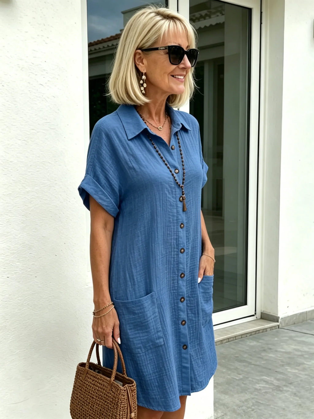 Solid Color Shirt Dress Simple, Made of Breathable, Featuring a Lapel Collar and Orderly Button Arrangement That Adds a Vintage Charm