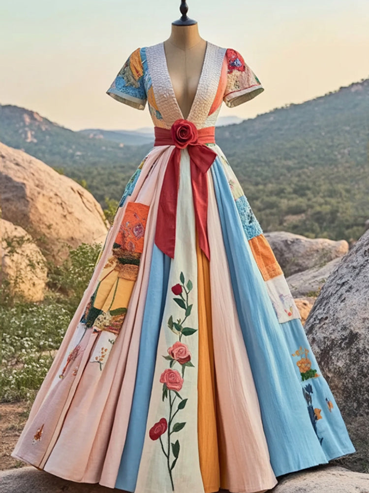 Women's Vintage Floral Art Cotton Linen Maxi Dress