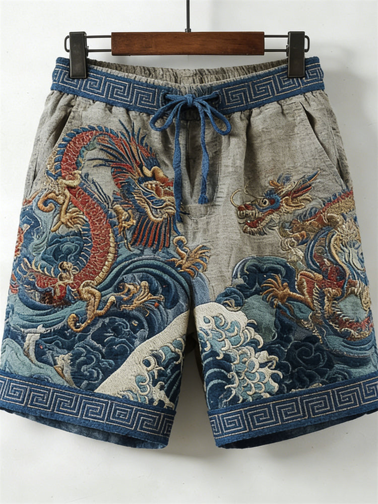 Men's Japanese Dragons & Sea Waves Drawstring Linen Shorts