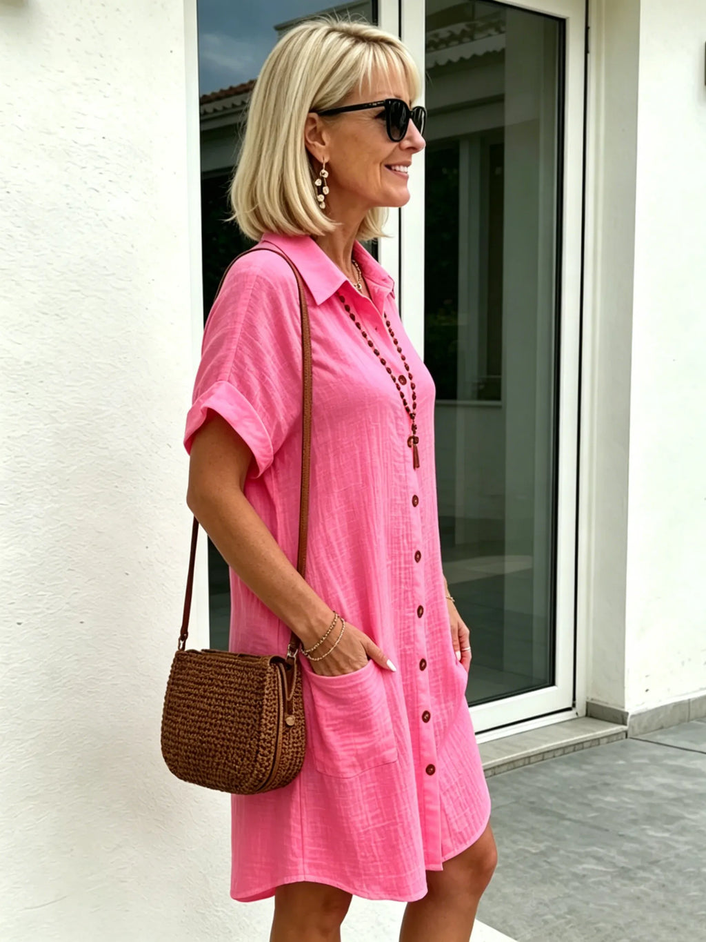 Solid Color Shirt Dress Simple, Made of Breathable, Featuring a Lapel Collar and Orderly Button Arrangement That Adds a Vintage Charm